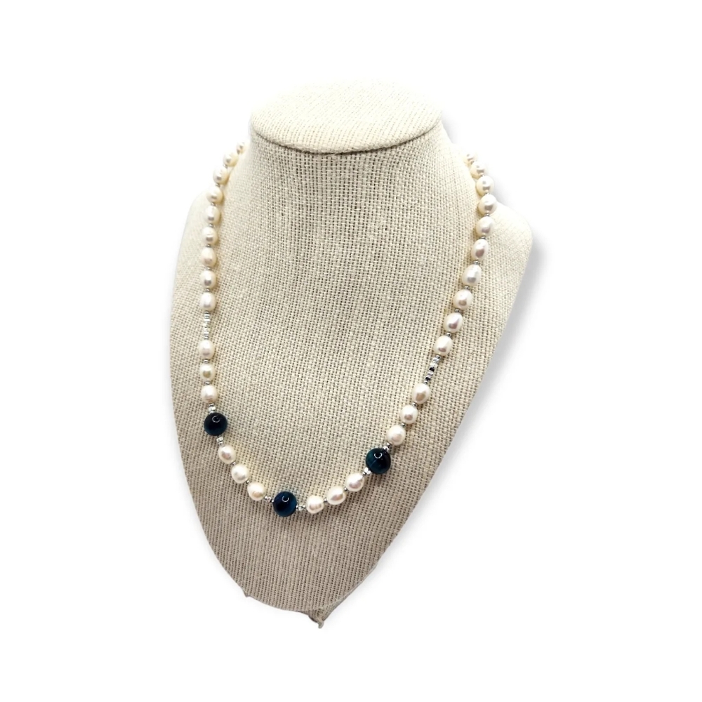 Freshwater Pearl, Blue Tiger Eye Necklace